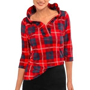 🎄NWT! Gretchen Scott Red Plaid Ruffle Neck Top